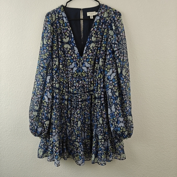 Ted Baker Tiered Swing Mini Dress Butterfly Print Long Sleeve in Blue Size 8 - Picture 5 of 16